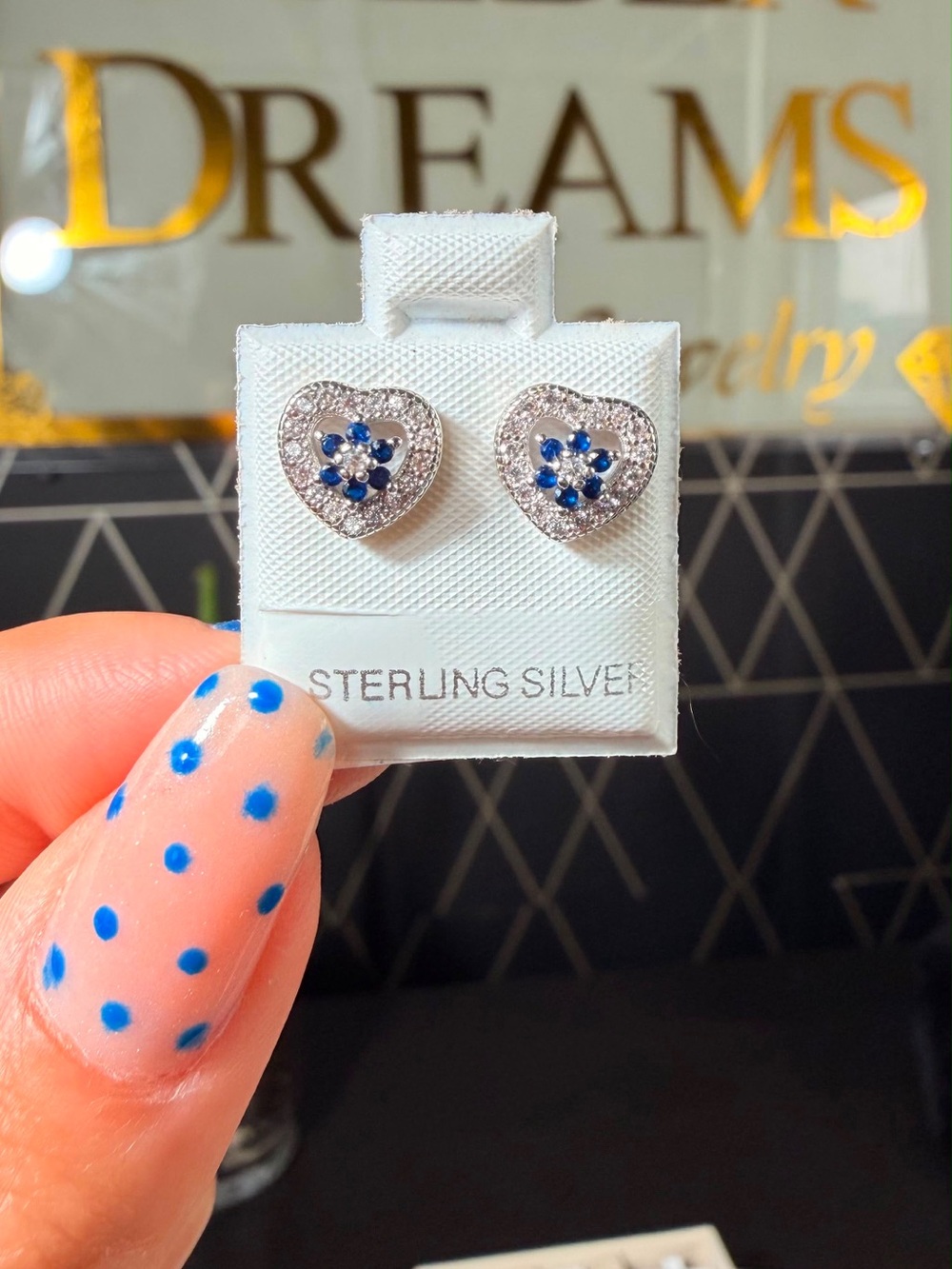 Sterling Silver Heart Earrings with Blue Gem Accents